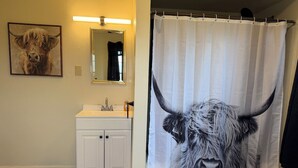 A bathroom with a sink, mirror, and a shower curtain featuring a bull design. - Lucky Horseshoe Farmhouse (Wilmington)