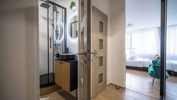 Shower, hair dryer, towels