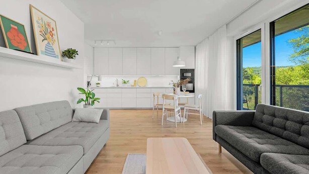 Un salon moderne comprenant un canapé, une table basse et un coin repas avec des chaises et une table.