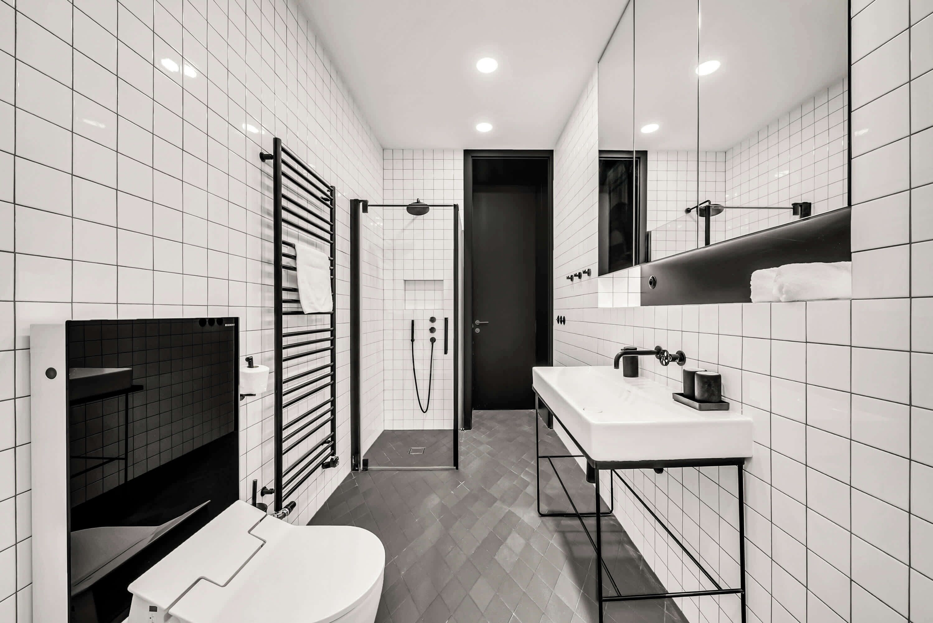 Douche, séchoir à cheveux, serviettes fournies, shampooing