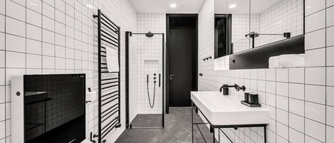 Douche, séchoir à cheveux, serviettes fournies, shampooing