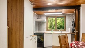 Eine kompakte Küche mit Herd, Geschirrspüler und einem Fenster mit Blick auf Grünflächen.
