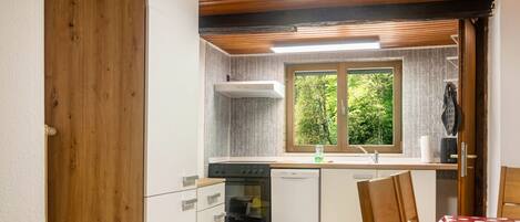 A compact kitchen with a stove, dishwasher, and a window with a view of greenery.