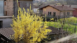 A rural village with stone buildings, a metal fence, and a tree with yellow flowers.