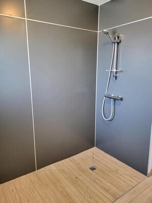 Shower, hair dryer - Holiday Home 'Gîte Cadet Rousselle' with Private Terrace, Private Garden and Wi-Fi (Lessay)