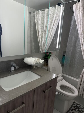 Sèche-cheveux, serviettes fournies, savon, papier toilette