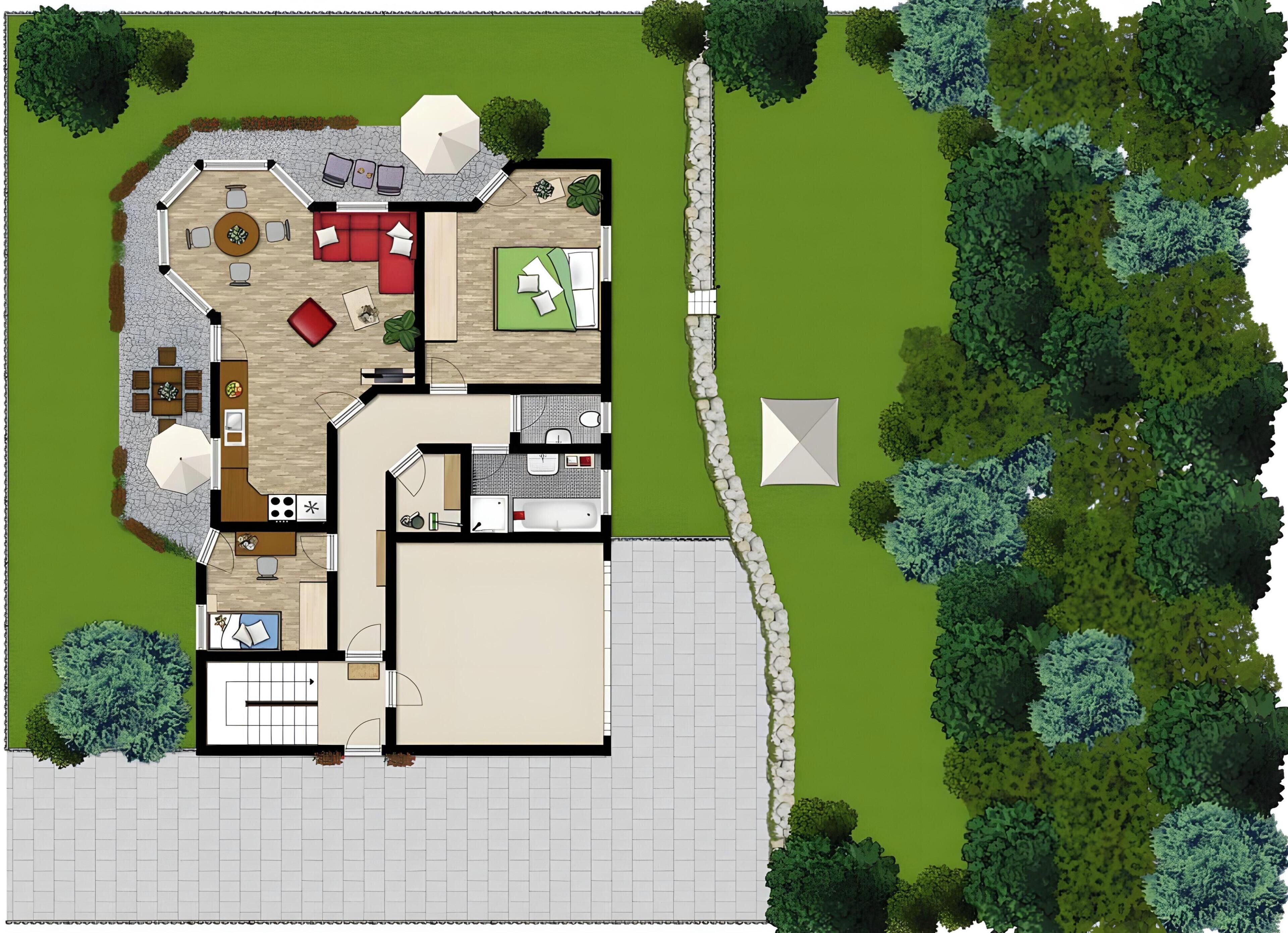 Un plan de maison comprenant un salon, un coin repas, une cuisine, deux chambres, une salle de bain et un petit patio extérieur.
