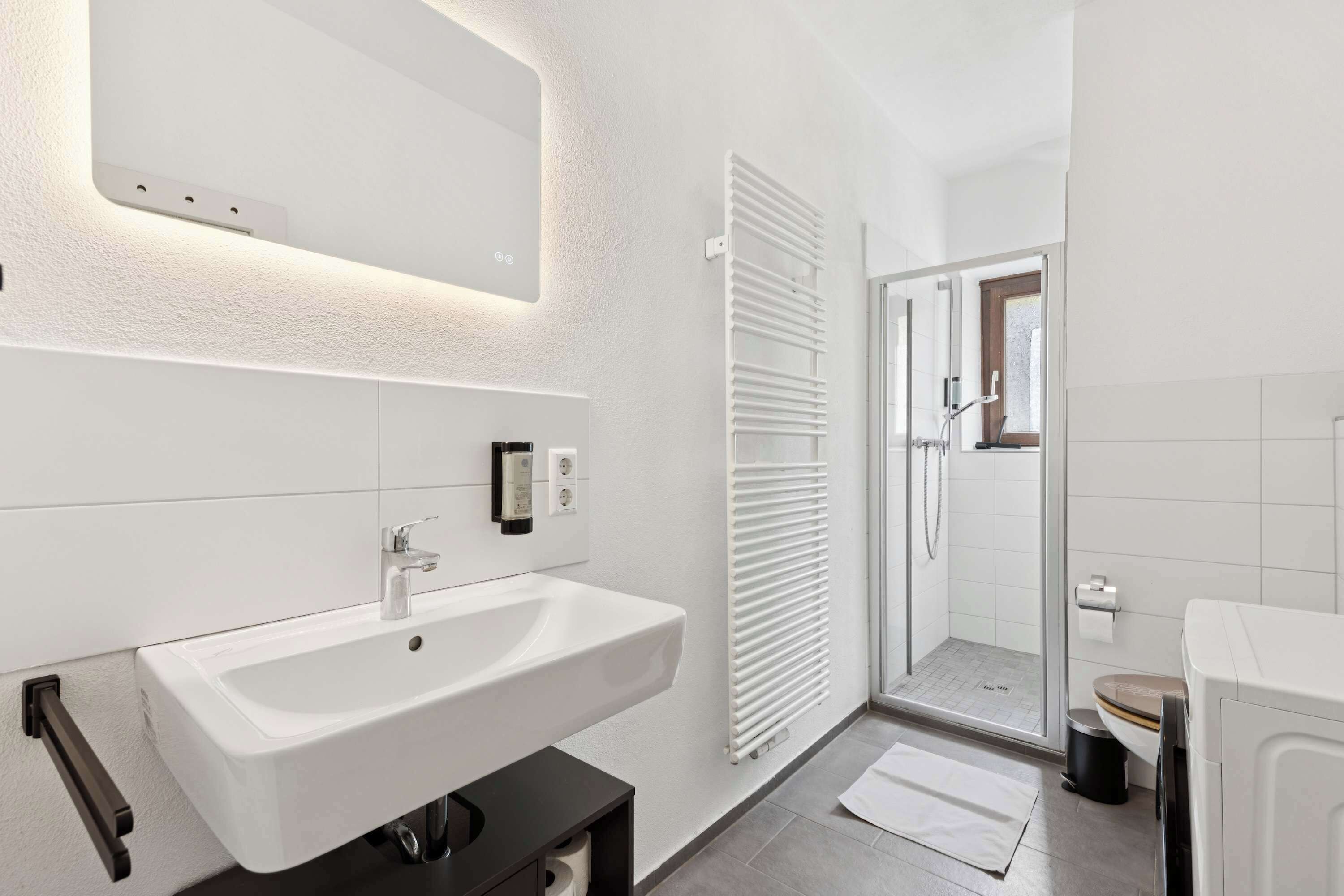 Shower, hair dryer, towels, shampoo