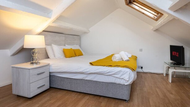 A bedroom with a bed, bedside table, lamp, and a television displaying 'NETFLIX'. - King•En-suite Flat•Kitchen•Quiet Near Shops & Bus (Swansea)