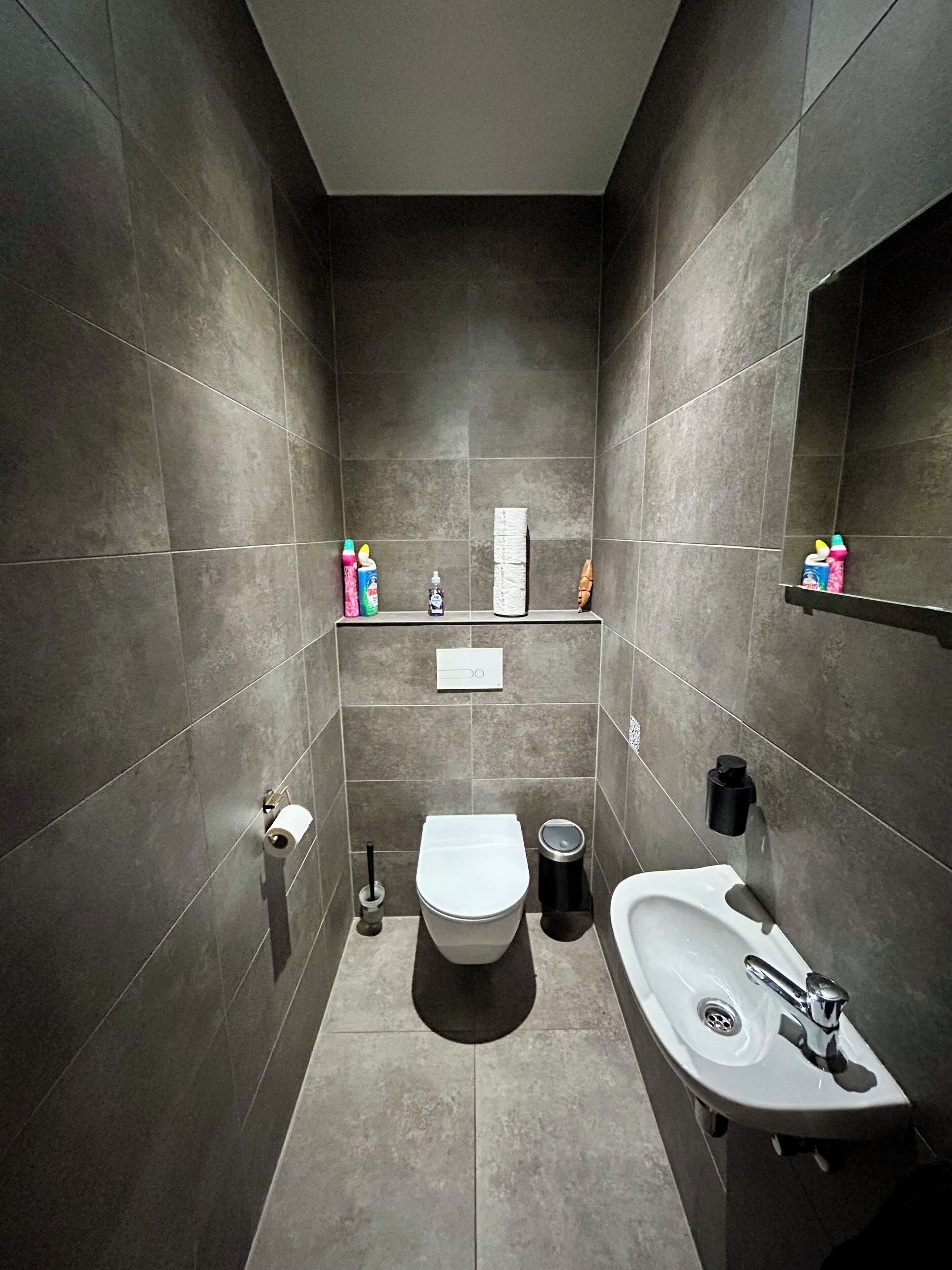 Un bagno moderno con servizi igienici, lavandino e ripiano portaoggetti.