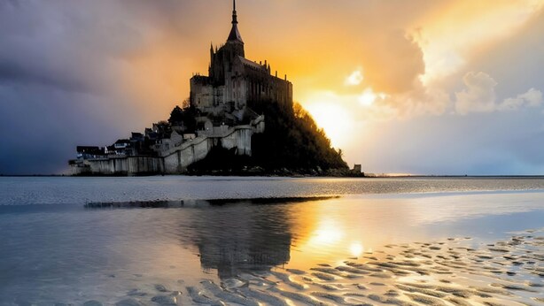 A castle on an island with a calm sea in the foreground.
