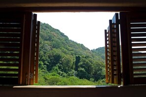 Ein Fenster mit geöffneten Fensterläden, das Blick auf einen üppigen, grünen Hang gewährt.