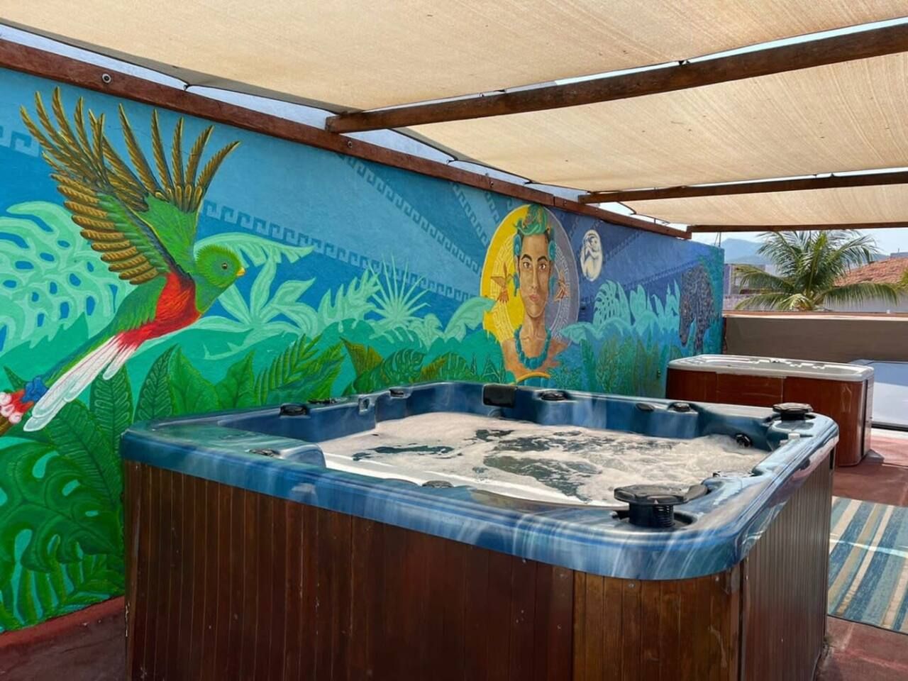 A hot tub under a shaded area with a mural of a bird and a face.