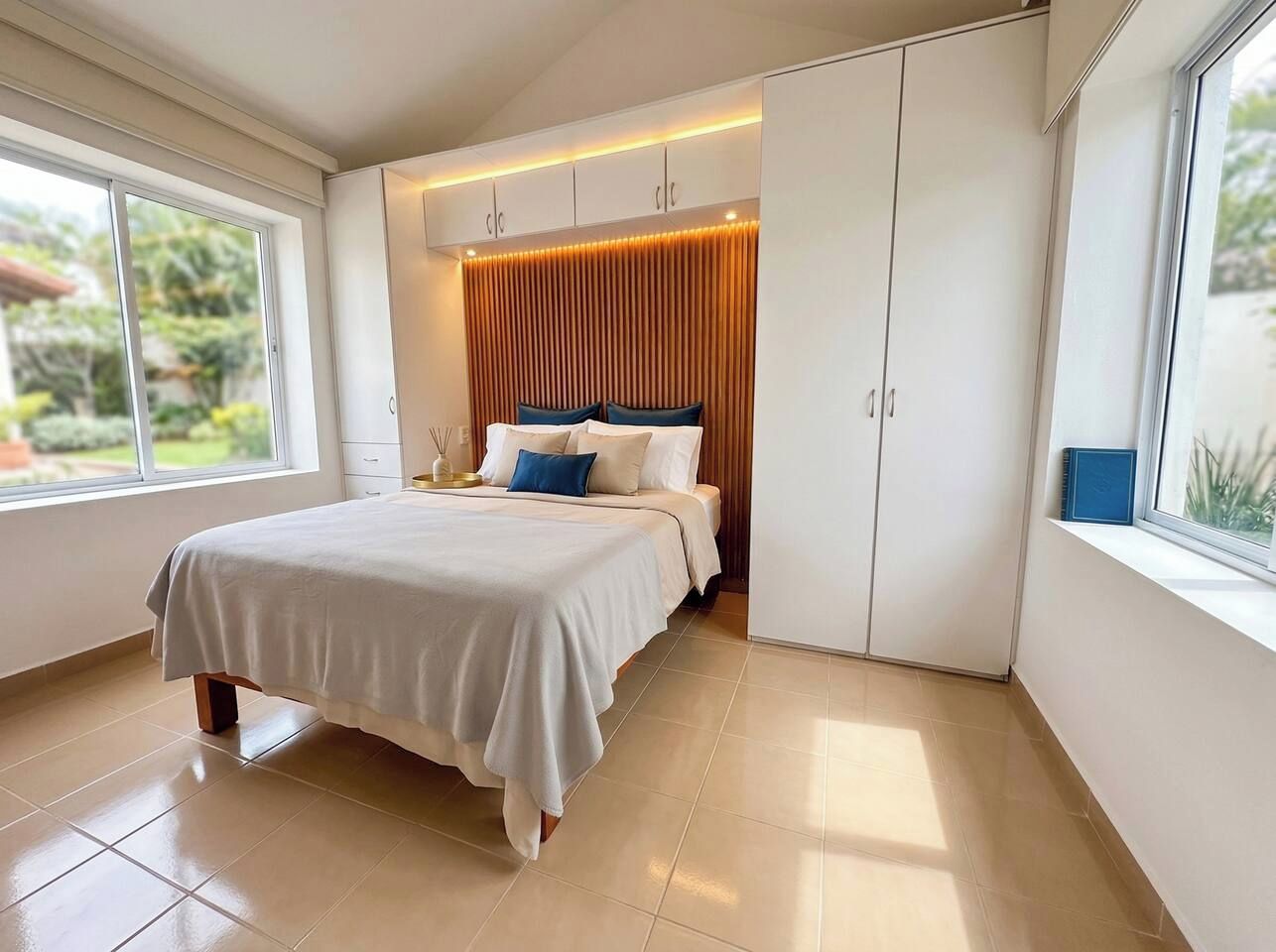 A bedroom with a bed, built-in wardrobe, and a window.