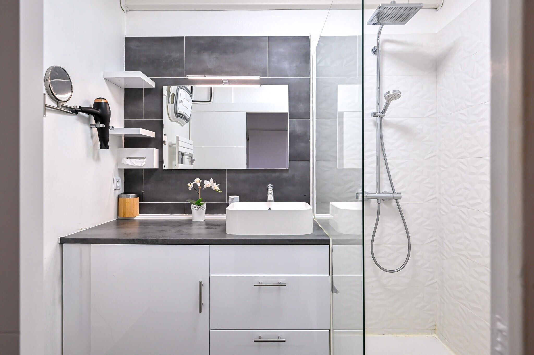 Shower, hair dryer, towels