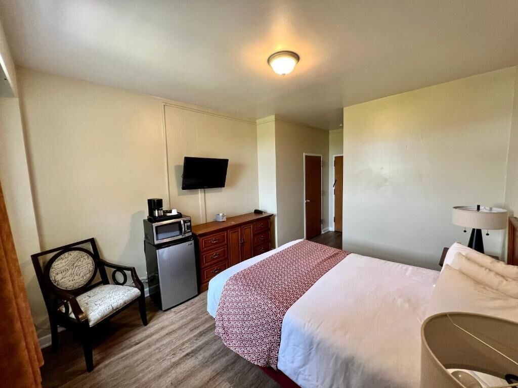 A hotel room with a bed, a desk with a microwave, a chair, a television, and a lamp.