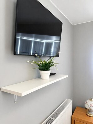 A modern room with a mounted TV, a white shelf with a plant, and a radiator. - RS Prime Homestay  (Solihull)