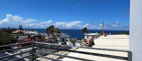A rooftop terrace with a patterned floor, a metal railing, and a view of the ocean.
