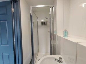 Ein Badezimmer mit Dusche, Waschbecken und einer blauen Tür.