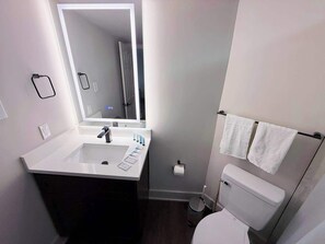 Une salle de bain moderne avec un lavabo blanc, un miroir et des toilettes.