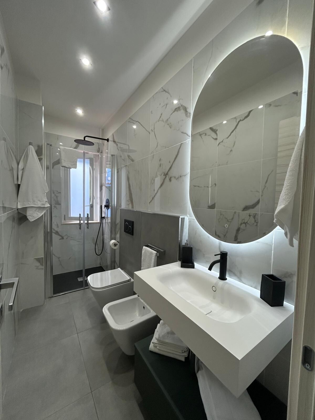 Shower, hair dryer, bidet, towels