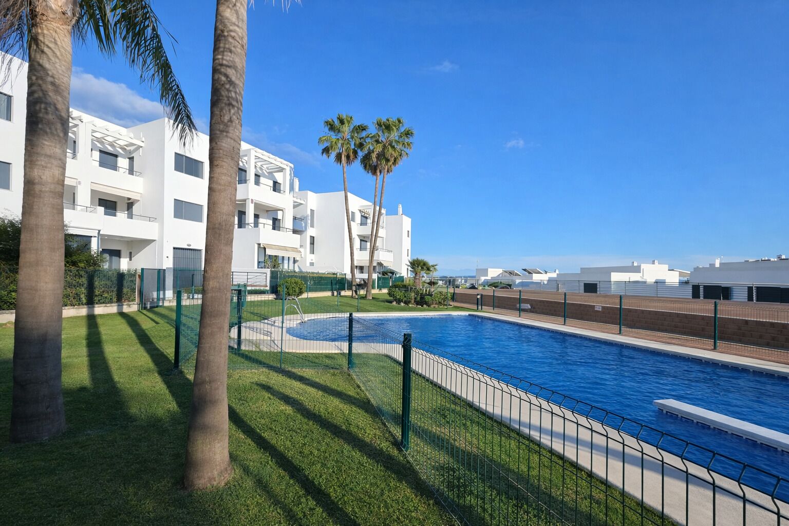 Ein Schwimmbecken mit umgebender Umzäunung, Palmen und modernen Gebäuden im Hintergrund.