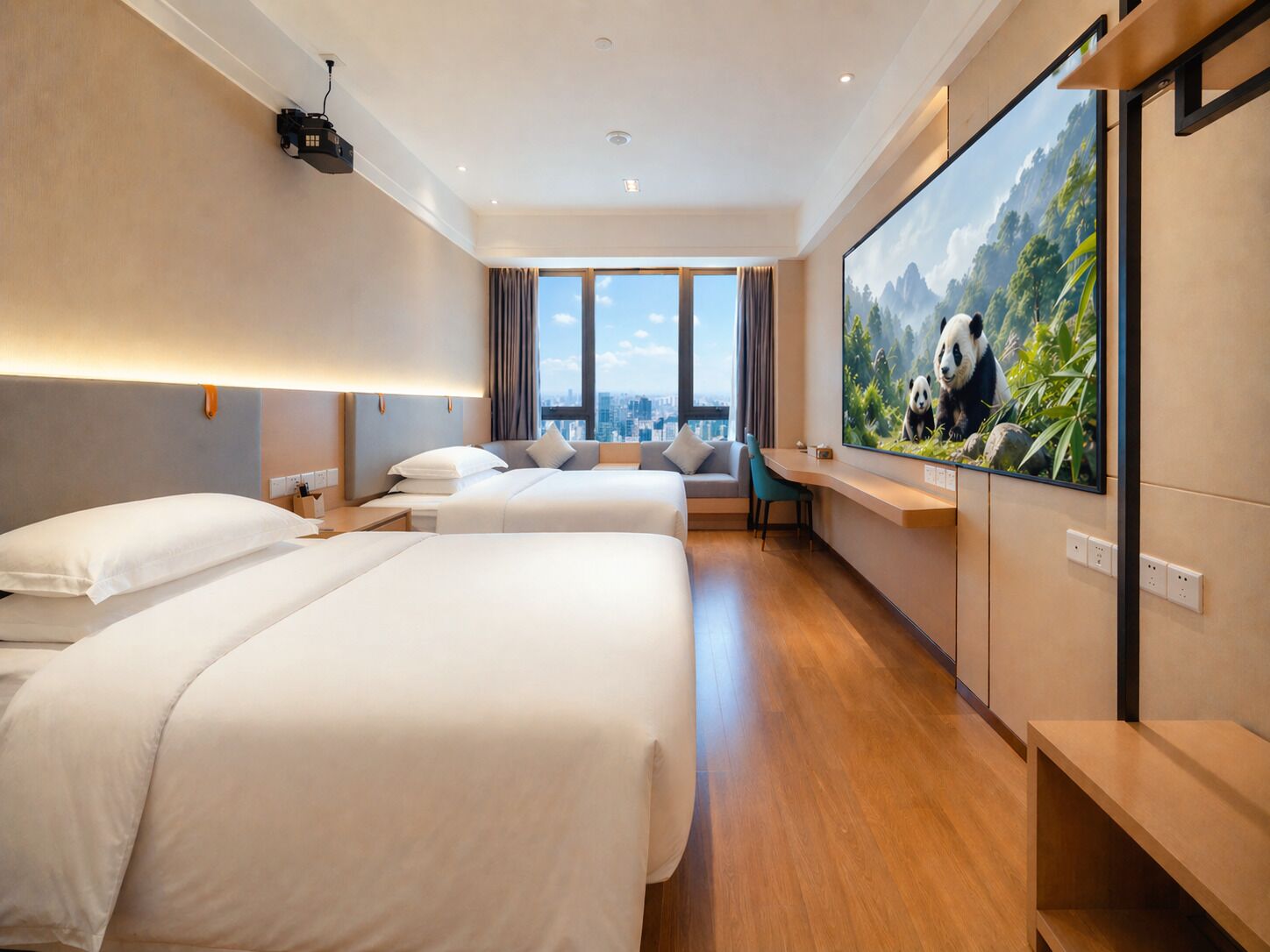 Down duvets, memory-foam beds, desk, laptop workspace