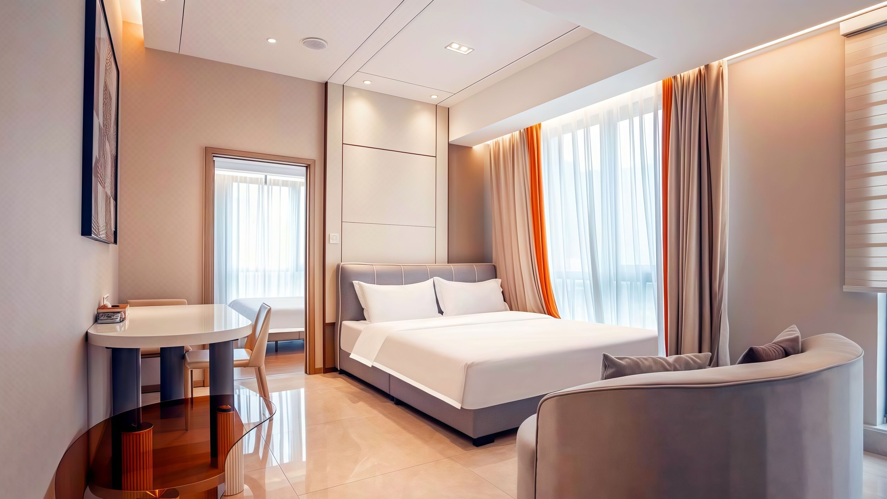 Down duvets, memory-foam beds, desk, laptop workspace