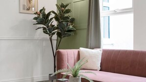 A pink sofa with a white pillow, a glass coffee table, a fern plant, and a framed artwork on the wall. - Pontcanna Paradise | 5 Mins to Centre | Fast Wifi (Pontcanna)
