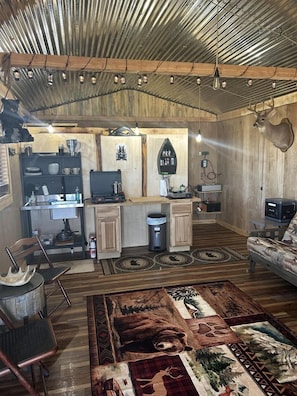 A rustic interior with wooden walls, a bear head mounted on the wall, a deer head on the opposite wall, a kitchen area with a sink and countertop, and a seating area with a sofa and chairs.