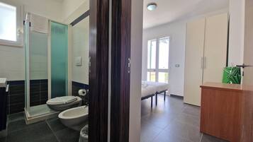 Standaard vierpersoonskamer | Badkamer | Een douche, een haardroger, een bidet, zeep
