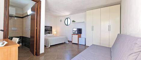 A hotel room with a bed, a desk, a television, a wardrobe, and a bathroom.