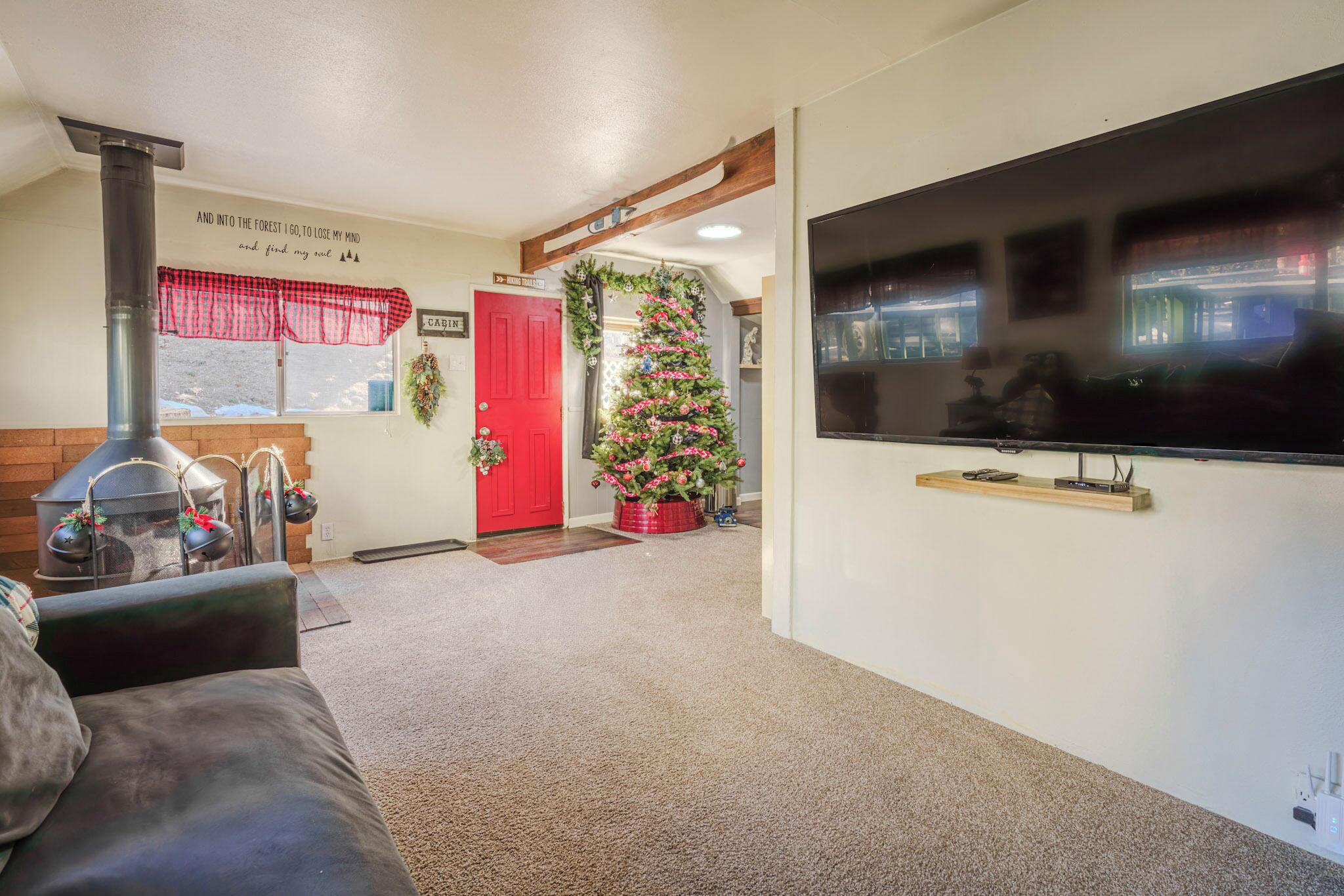 Una sala de estar acogedora con chimenea, televisor y un árbol de Navidad.