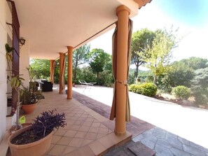 A covered outdoor area with columns, potted plants, and a view of the surrounding greenery.