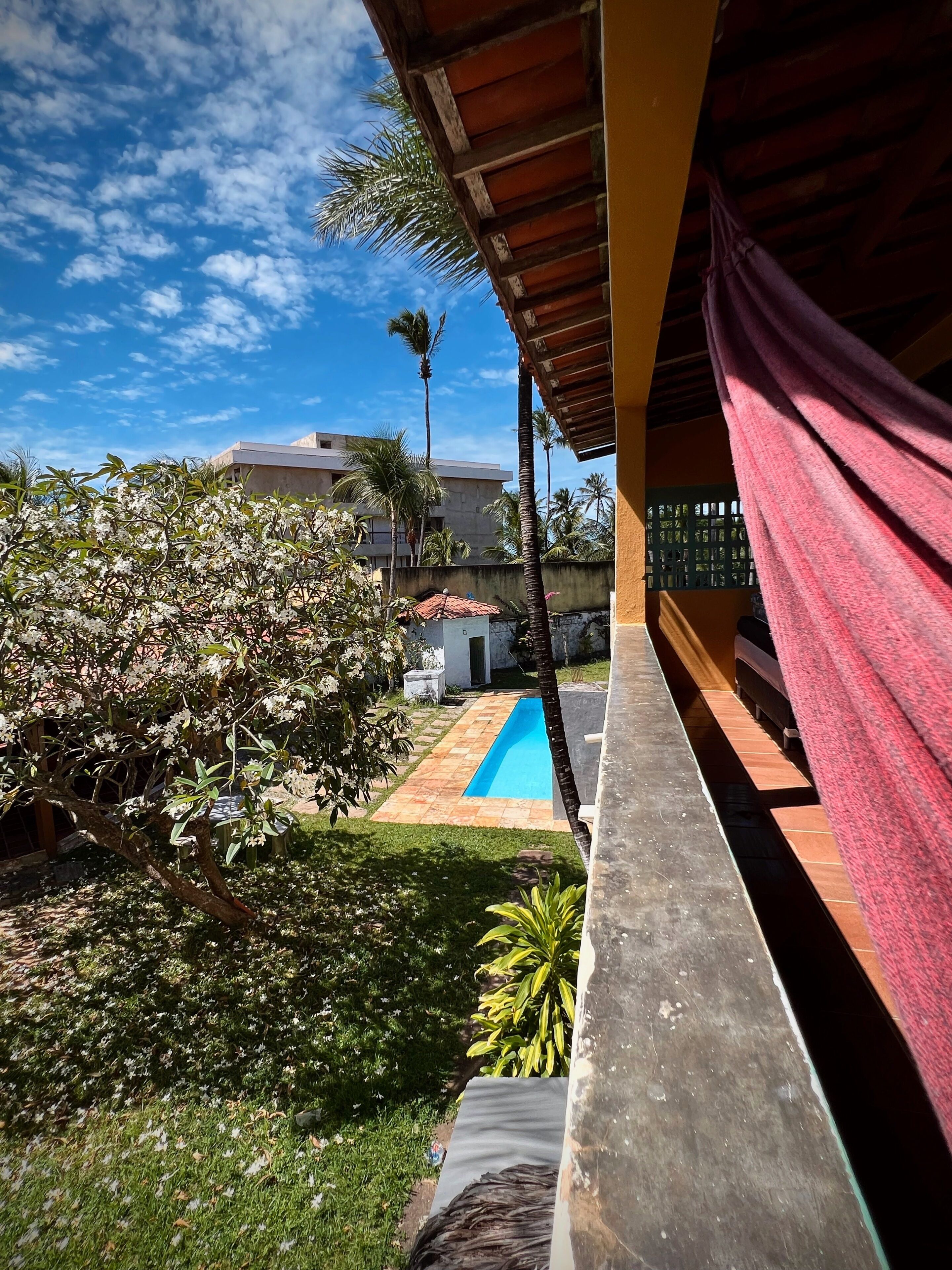 Vista di una piscina, un giardino con piante fiorite e un edificio sullo sfondo.