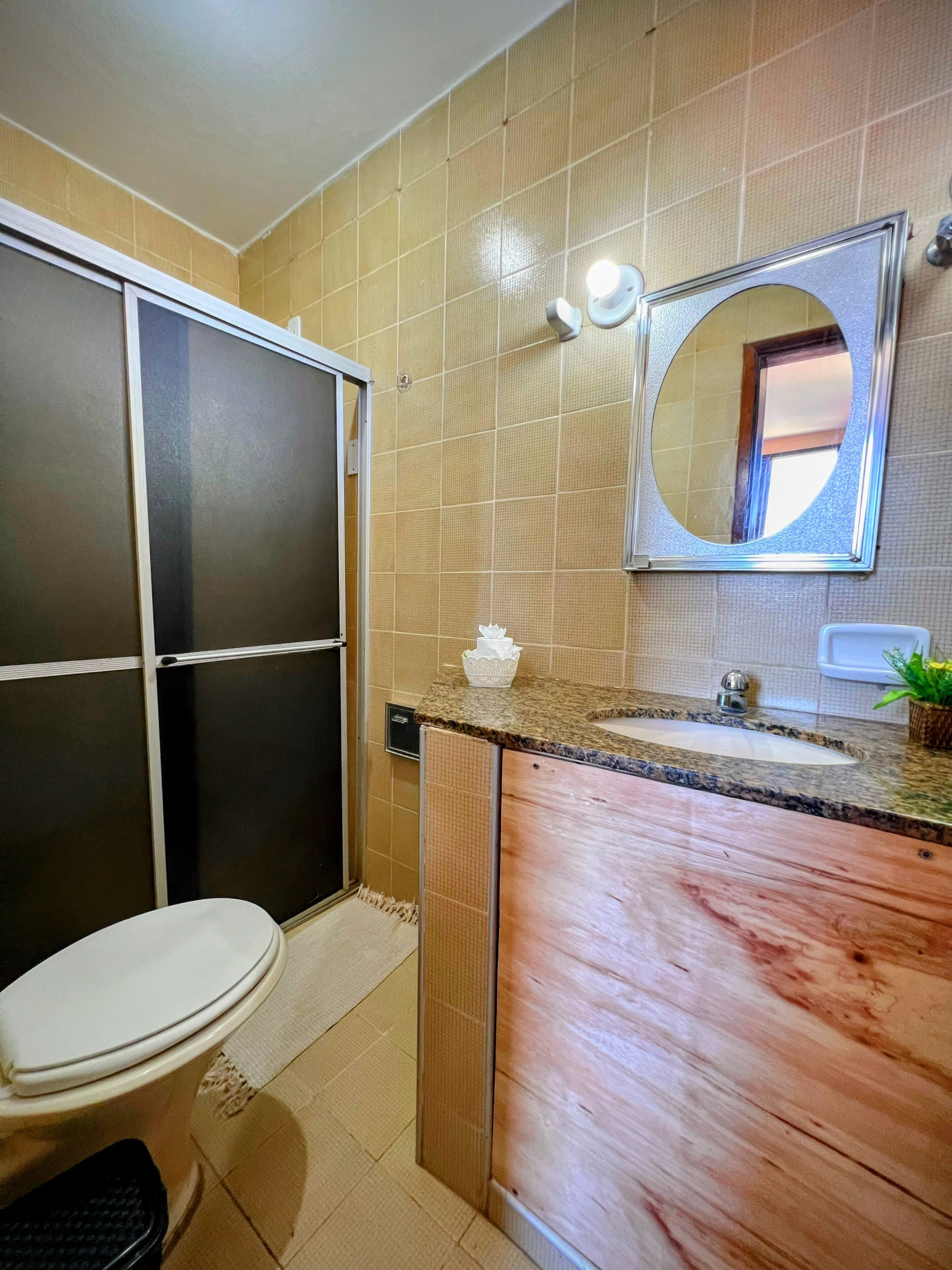 Une salle de bain comprenant des toilettes, un lavabo avec un miroir et un espace douche.
