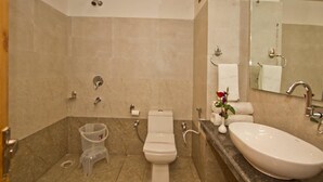 A bathroom with a toilet, sink, and a mirror. - Mountain Green Villa (Manali)