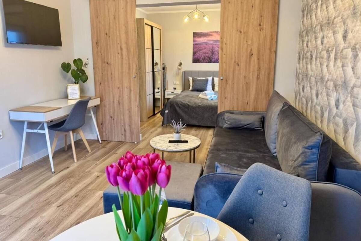 Een moderne woonkamer met een bank, een eettafel met een vaas tulpen, een aan de muur bevestigde televisie, en een schuifdeur die naar een slaapkamer leidt.