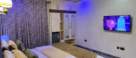 A modern bedroom with a bed, a TV, and a wardrobe.