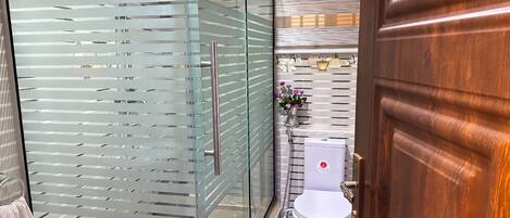 A modern bathroom with a glass shower enclosure, a white toilet, and a wooden door.