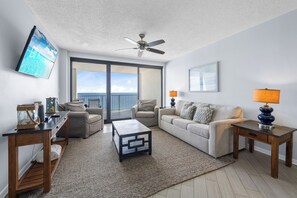 Signature Condo, 3 Bedrooms, Balcony, Beach View | Living room | 32-inch Smart TV with satellite channels - Windward Pointe 1504 (Orange Beach)