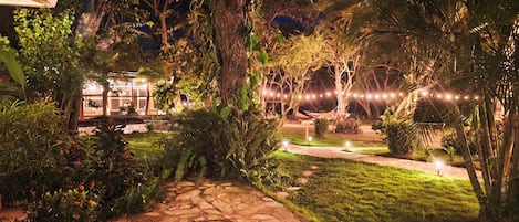 Un sendero de piedra que conduce a un edificio con luces colgantes, rodeado de vegetación exuberante y palmeras.