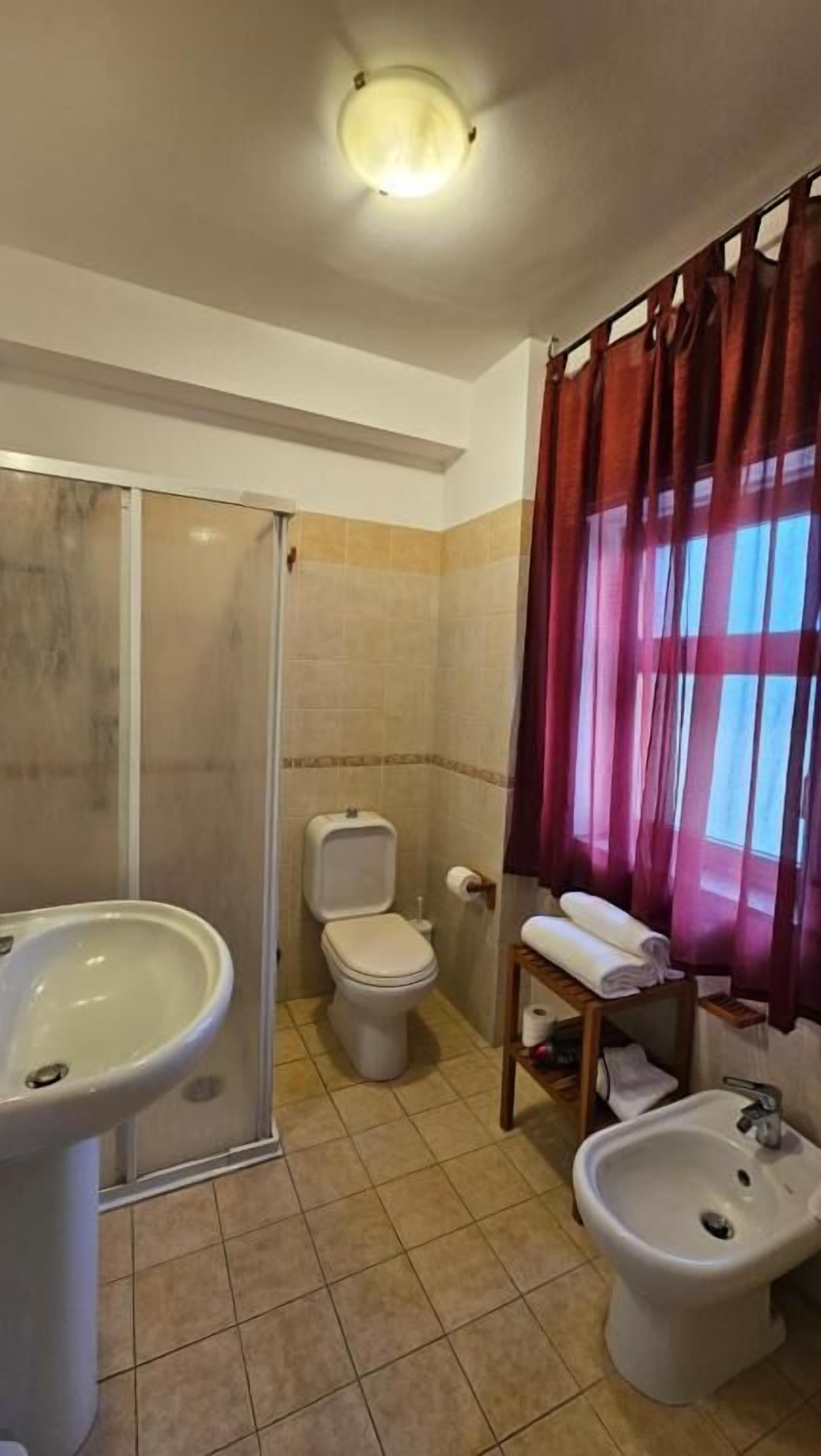 A bathroom with a shower, toilet, bidet, and sink.