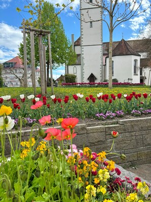 Un jardín con diversas flores y una iglesia con torre.