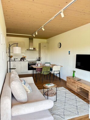 Ein modernes Wohnzimmer mit Sofa, Esstisch, Stühlen, einem Fernseher und einer Küchenzeile mit Schränken und Geräten.