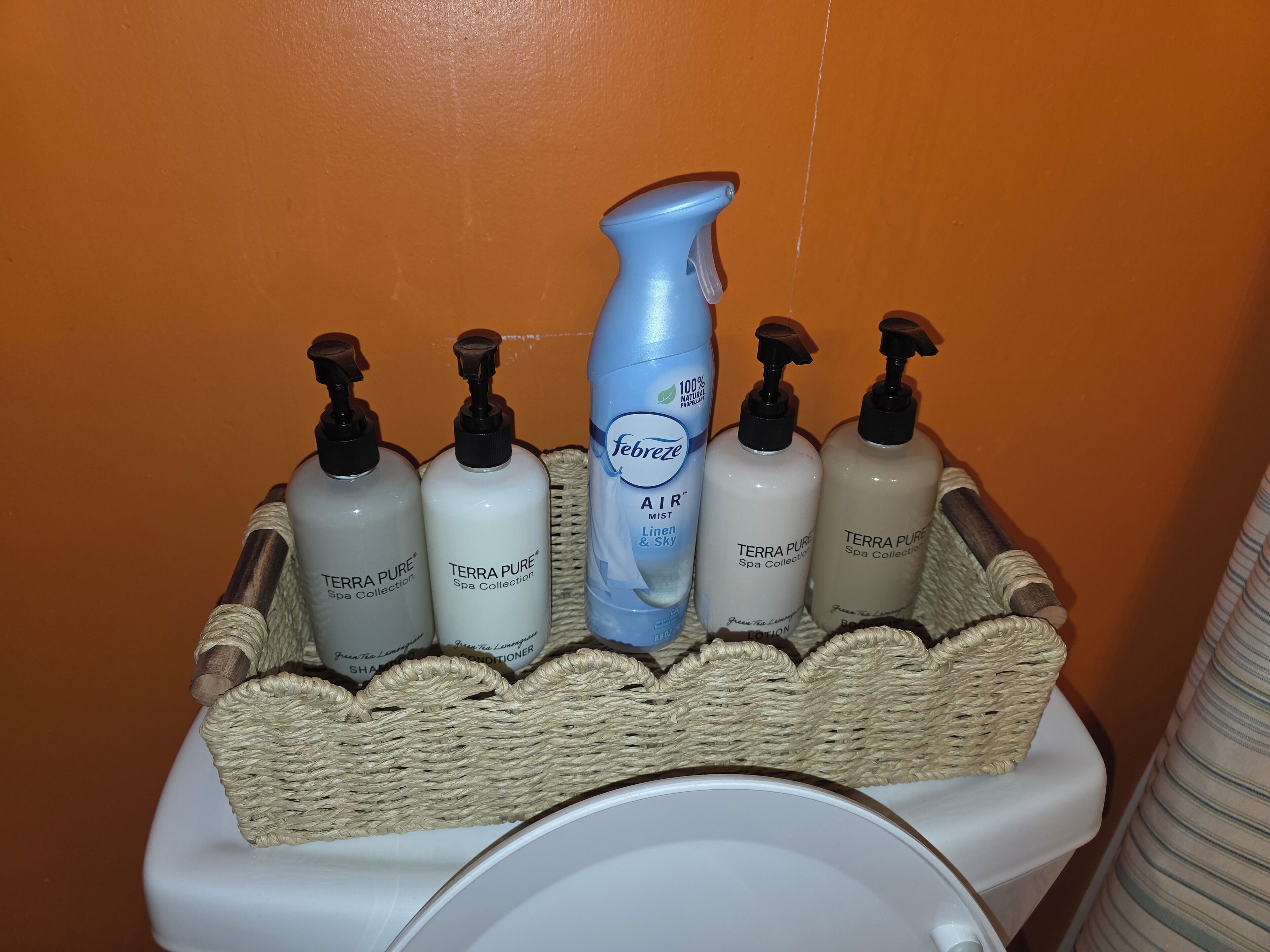 Ein Badezimmer mit Toilette, einem Korbwannen-Korb mit Pflegeprodukten und einer blauen Sprühflasche.