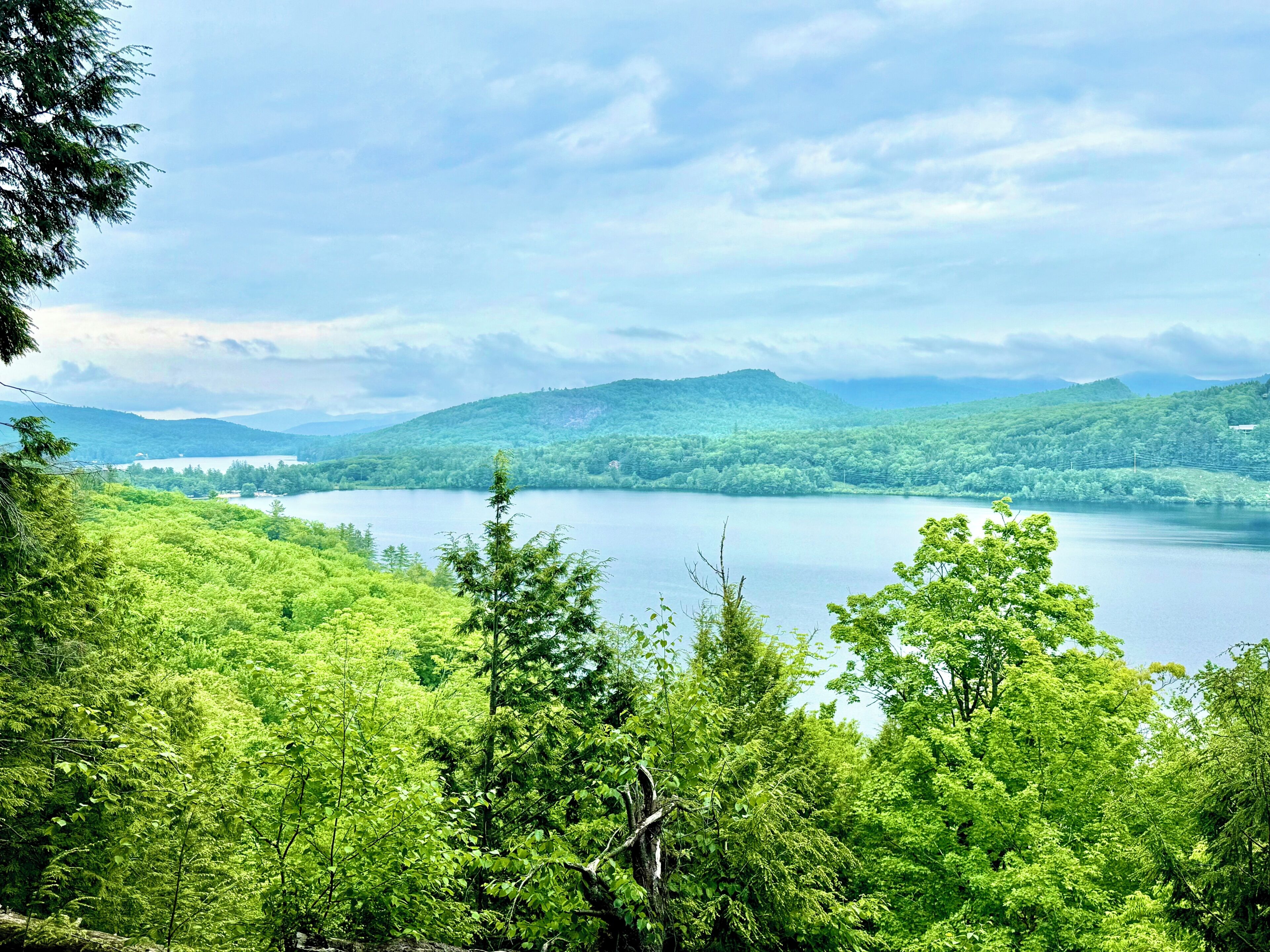 A lake surrounded by dense forest and hills.