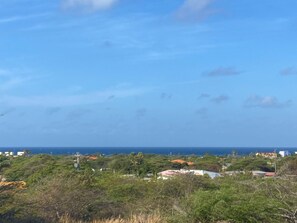 A coastal landscape with buildings, trees, and a clear sky.