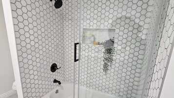 Shower, hair dryer, soap, toilet paper