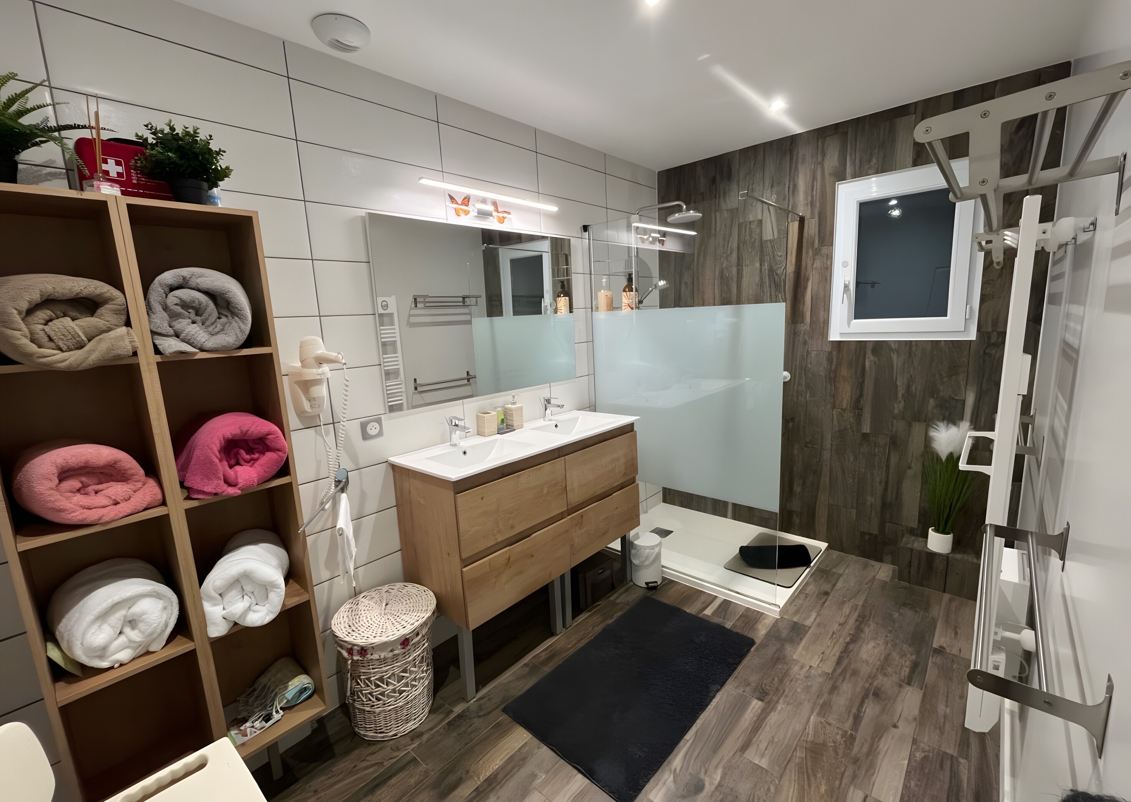 Shower, hair dryer, towels